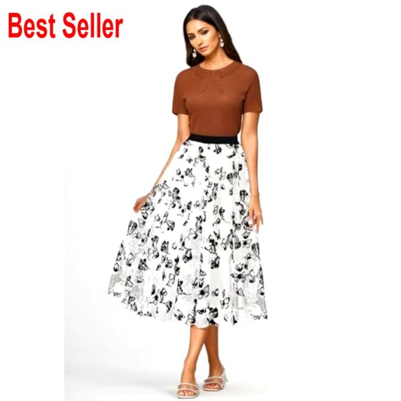 Midi Tulle Skirt with Floral Lace, High Waist, 3 Layers, Summer Casual - Picture 2 of 7